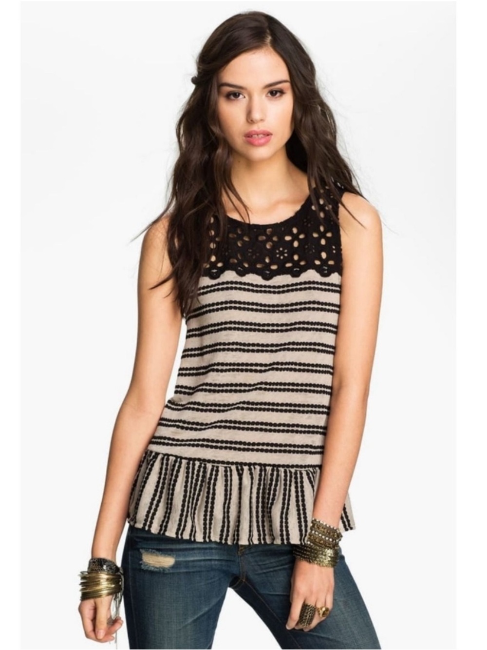Free People Molly’s Retro Peplum Tank Eyelet Lace Striped Hem Size Medium